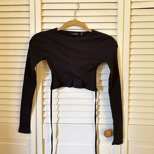 Glassons Open Back Tie Long Sleeve Crop Top in Black Size XS